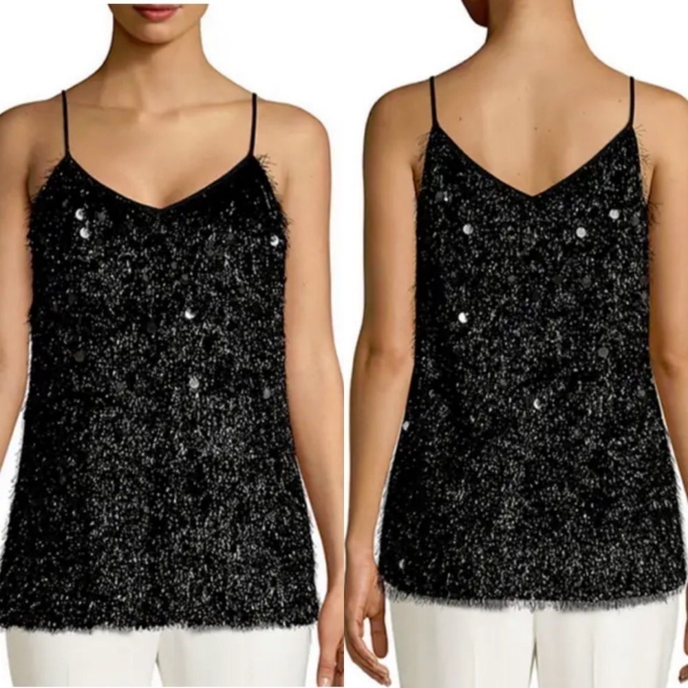 $498 NWT Lafayette 148 Medium Black Averie Fringe Sequin Tank Top Camisole